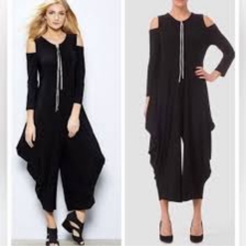 Joseph Ribkoff Harem Draped Slouchy Cold Shoulder Zip Jumpsuit Stretch Goth‎ 16